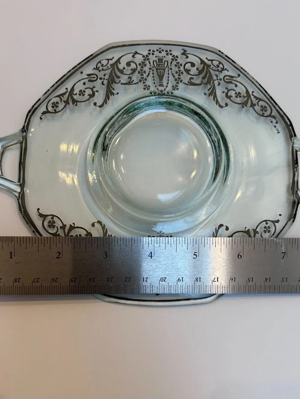 Vintage Green Fostoria Glass Tray with Handles and Sterling Silver Filigree Deta
